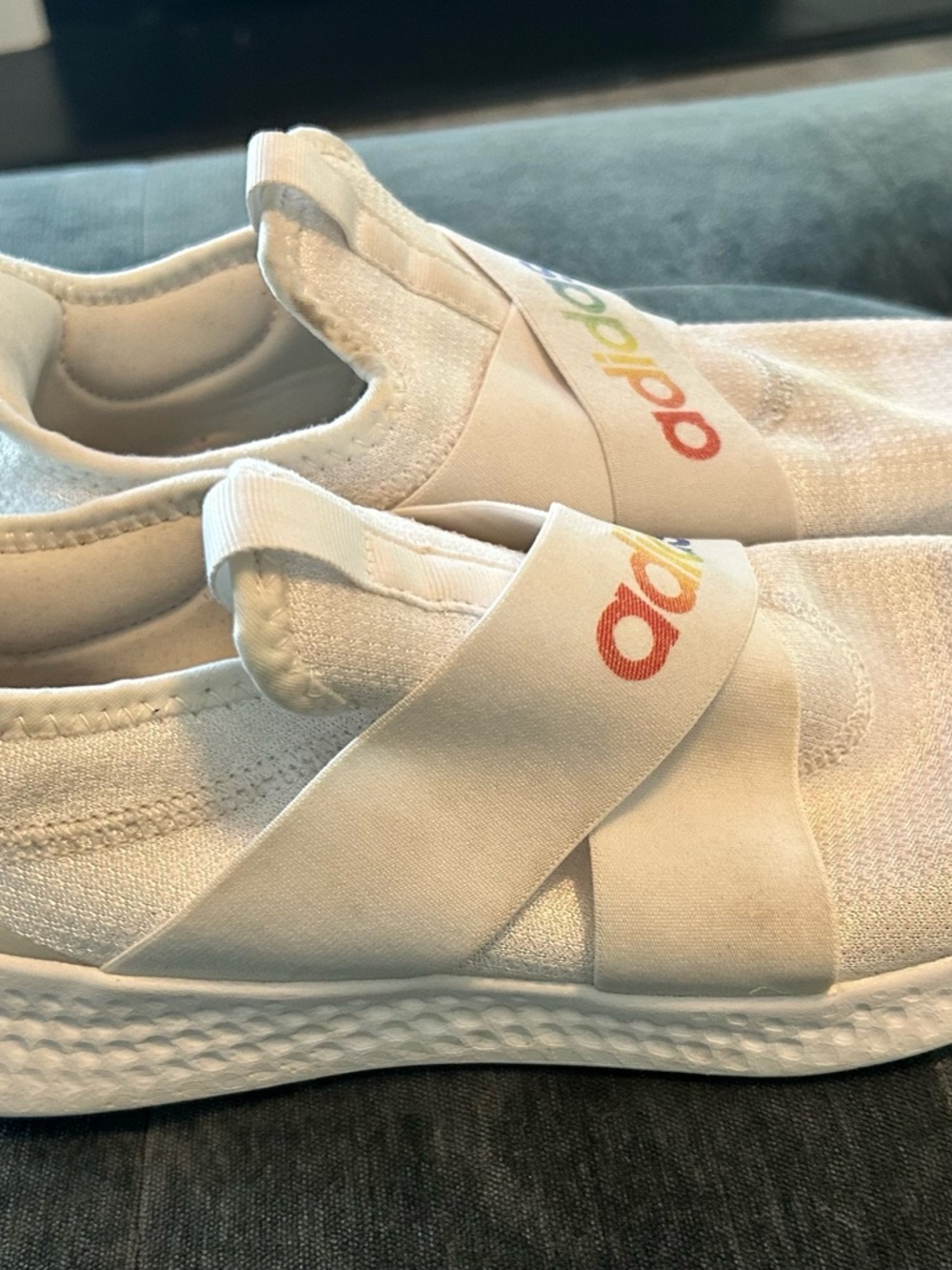 adidas White Slip-On Sneakers with Rainbow Logo Strap